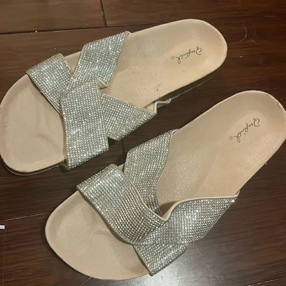 Worn Once - Silver Rhinestone Slides - Womens 9 - Like New - Super Comfortable